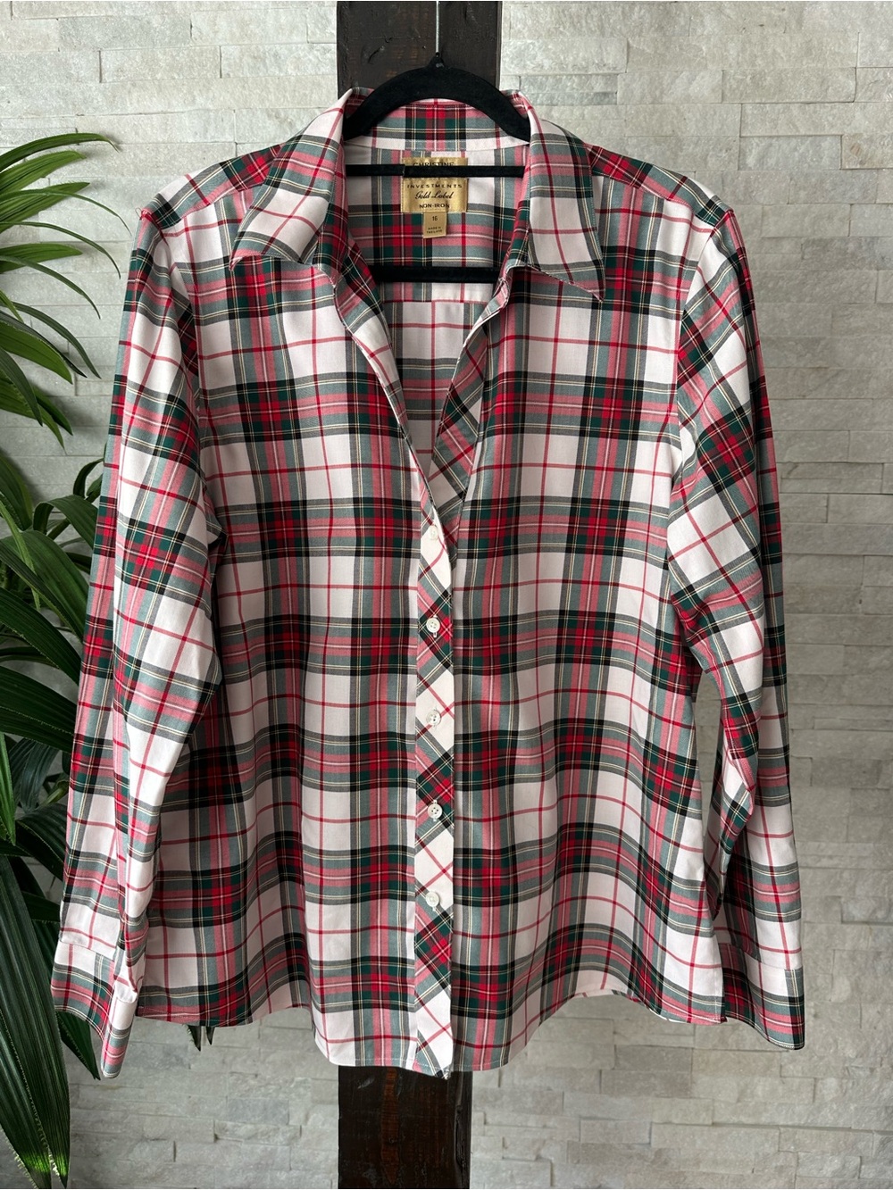 Gold Label Holiday Christmas Plaid Non Iron Cotton Button Down Shirt Size 16